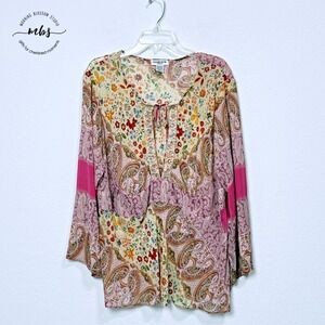Notations Sheer Paisley Sequined Blouse Boho Keyhole Neck Pink Women 2X